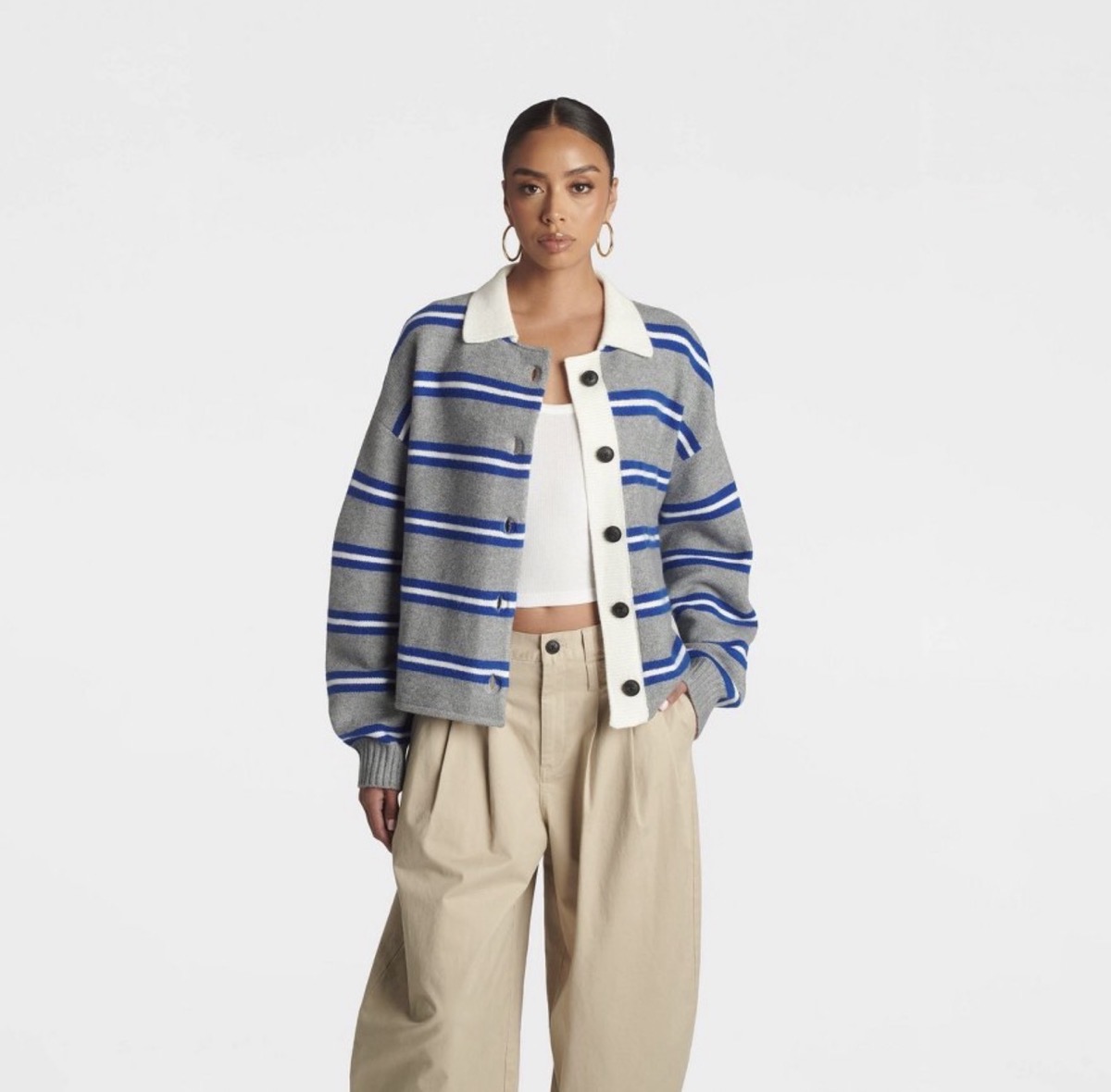 KBB by KAHLANA Striped 'The School Boy Cardigan Sweater' — Gray/Blue/White